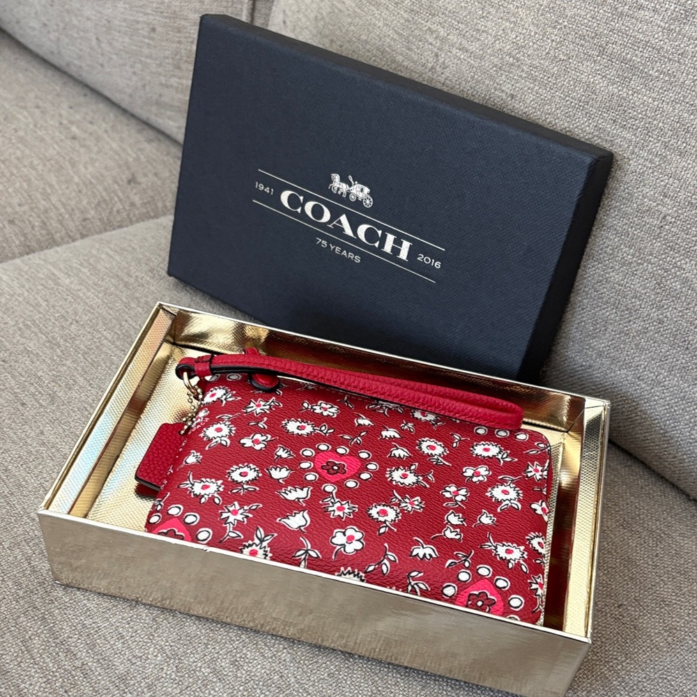 Coach Red and White Floral Wristlet